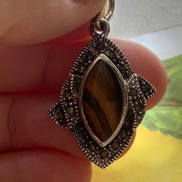 𝅺STERLING SILVER 925 TIGER EYE MARCASITE WOMAN PENDANT​​ - Picture 2 of 7